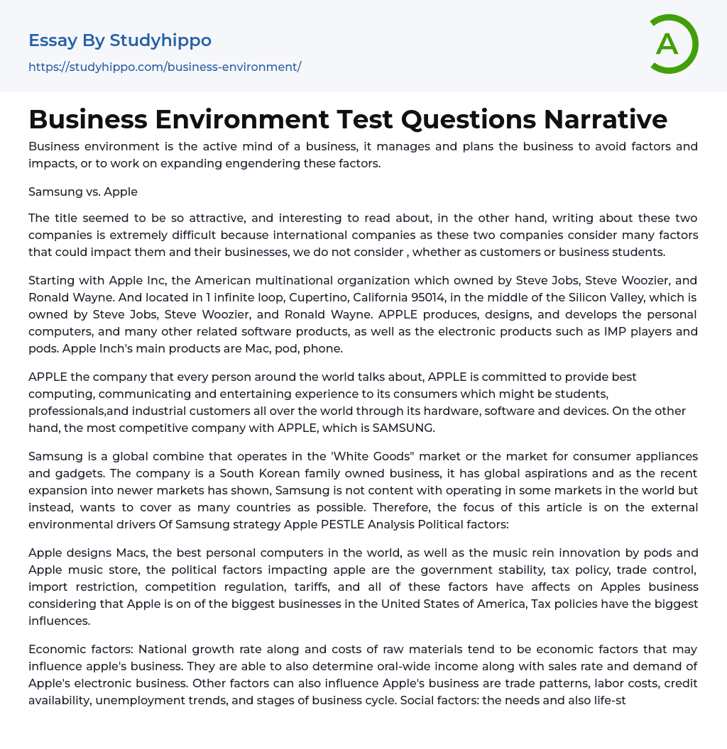 Business Environment Test Questions Narrative Essay Example