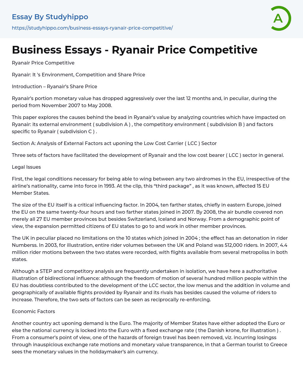 Business Essays – Ryanair Price Competitive