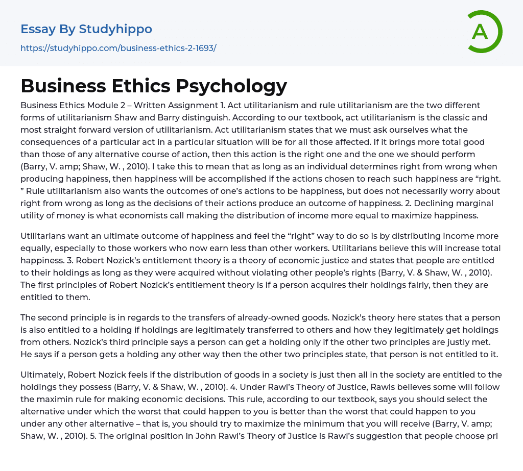 Business Ethics Psychology Essay Example