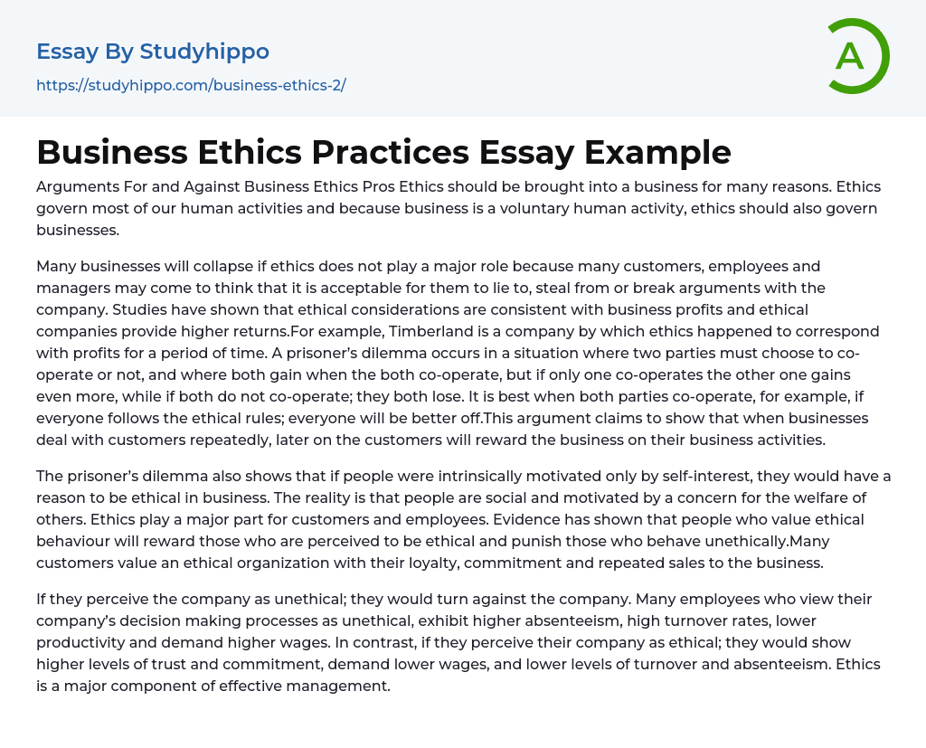 Business Ethics Practices Essay Example