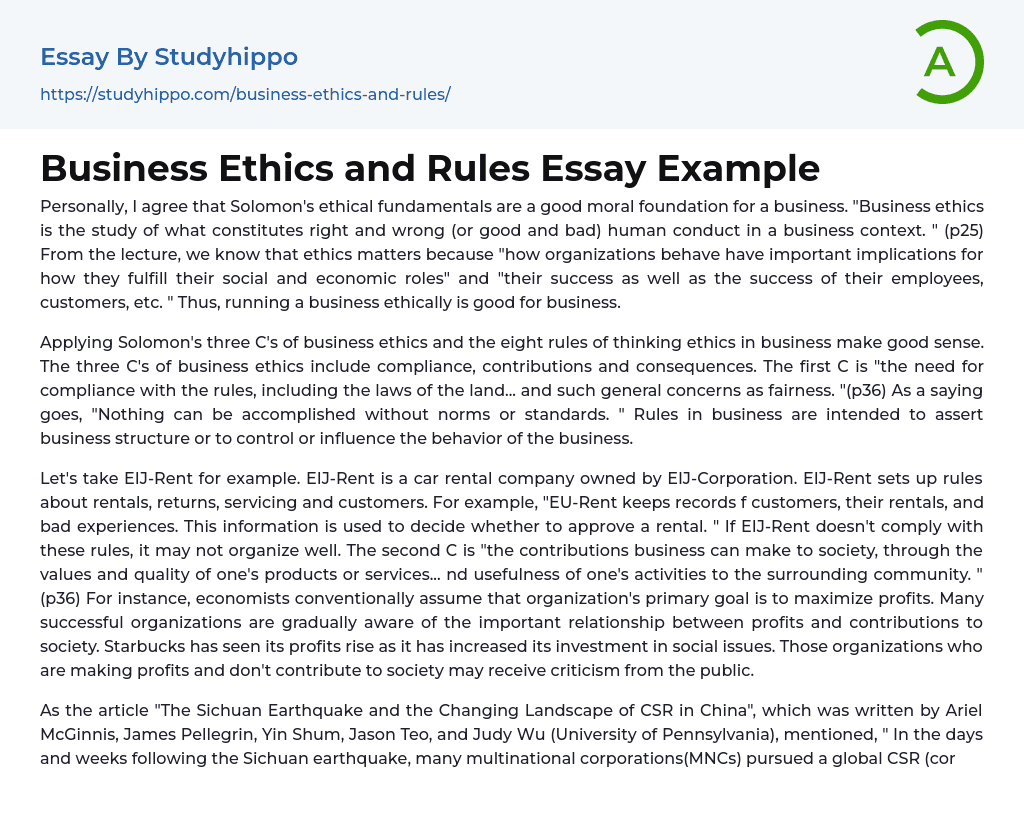 Business Ethics and Rules Essay Example