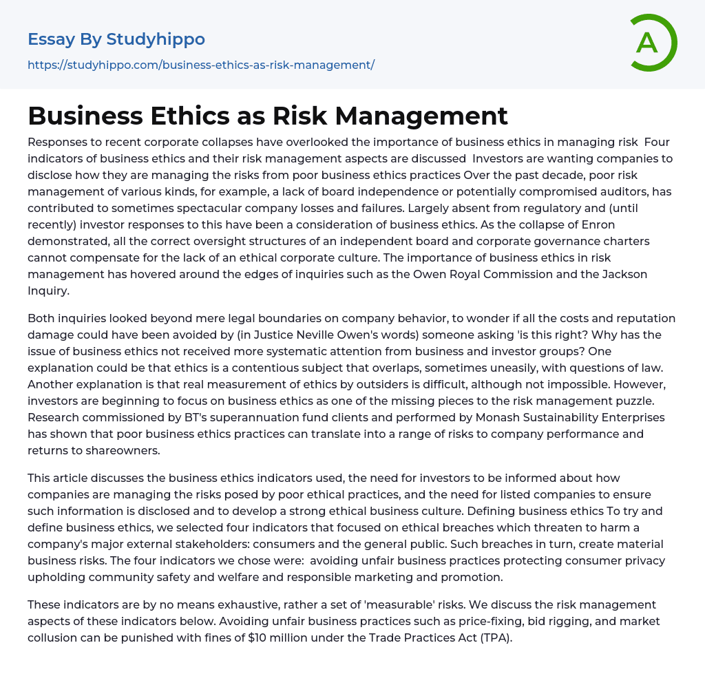 Business Ethics as Risk Management Essay Example