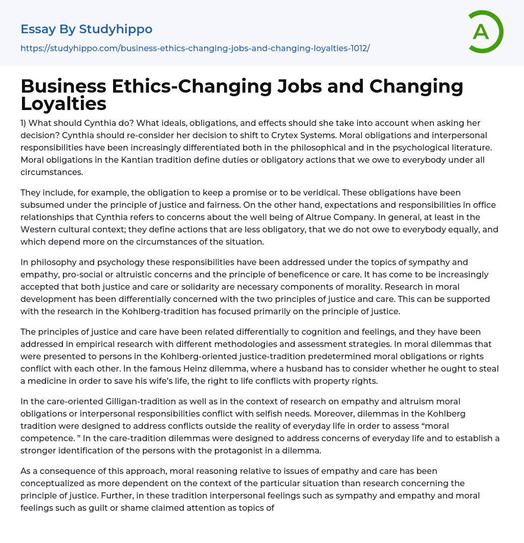 Business Ethics-Changing Jobs and Changing Loyalties Essay Example