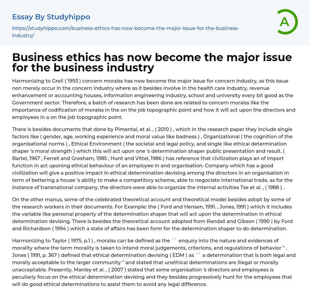 Business ethics has now become the major issue for the business industry Essay Example