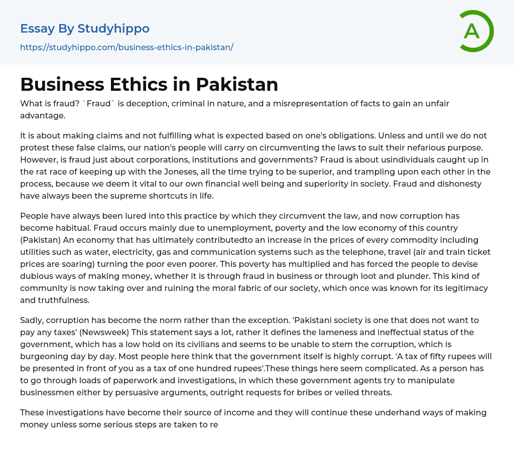 Business Ethics in Pakistan Essay Example
