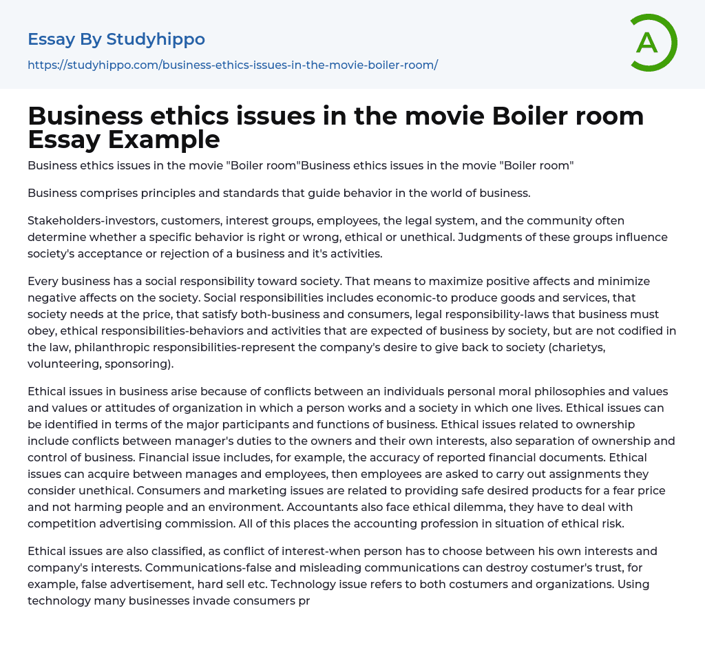 Business ethics issues in the movie Boiler room Essay Example