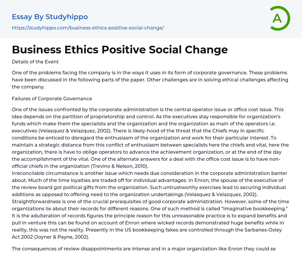 Business Ethics Positive Social Change Essay Example