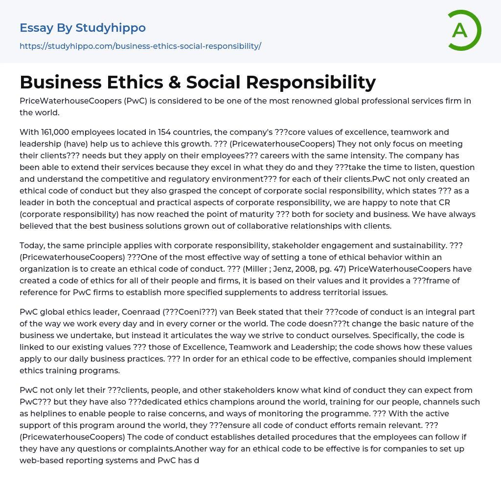 Business Ethics & Social Responsibility Essay Example