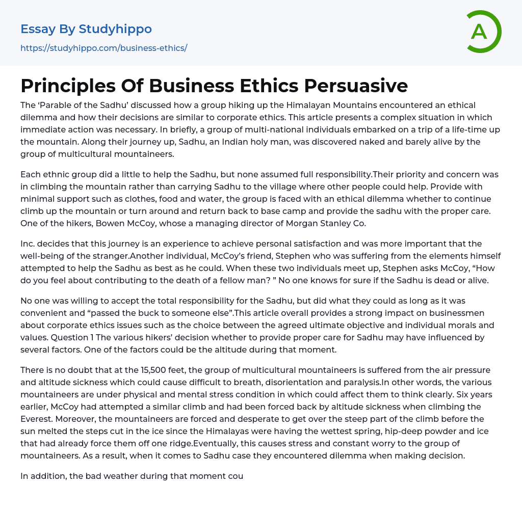 Principles Of Business Ethics Persuasive Essay Example