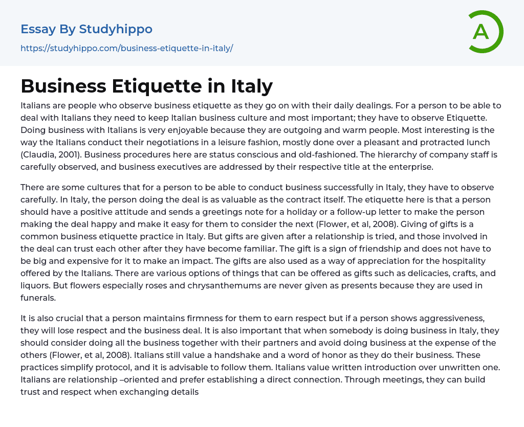 Business Etiquette in Italy Essay Example