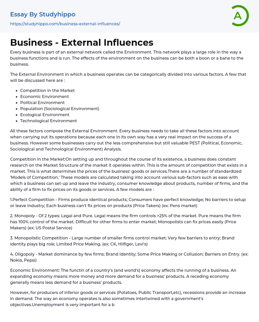 Business – External Influences Essay Example