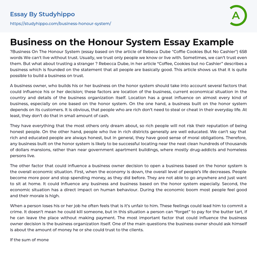 Business on the Honour System Essay Example