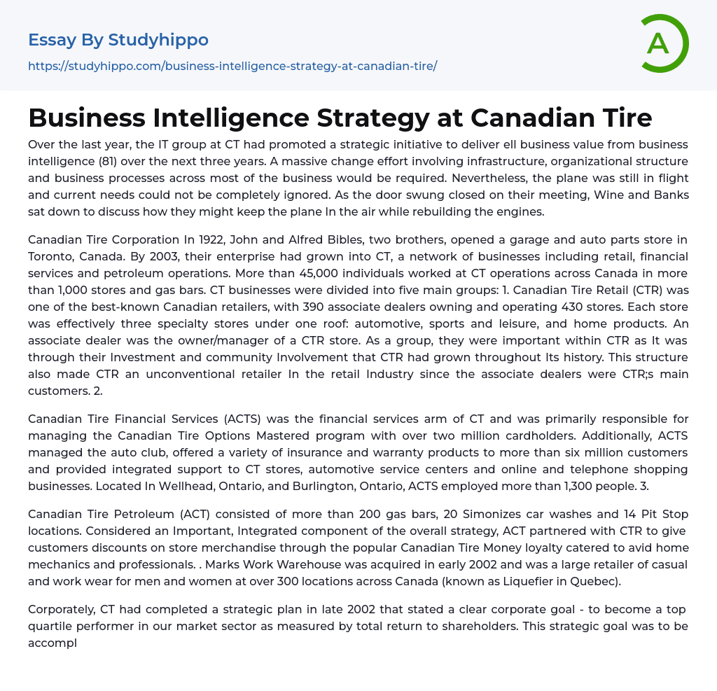 Business Intelligence Strategy at Canadian Tire Essay Example
