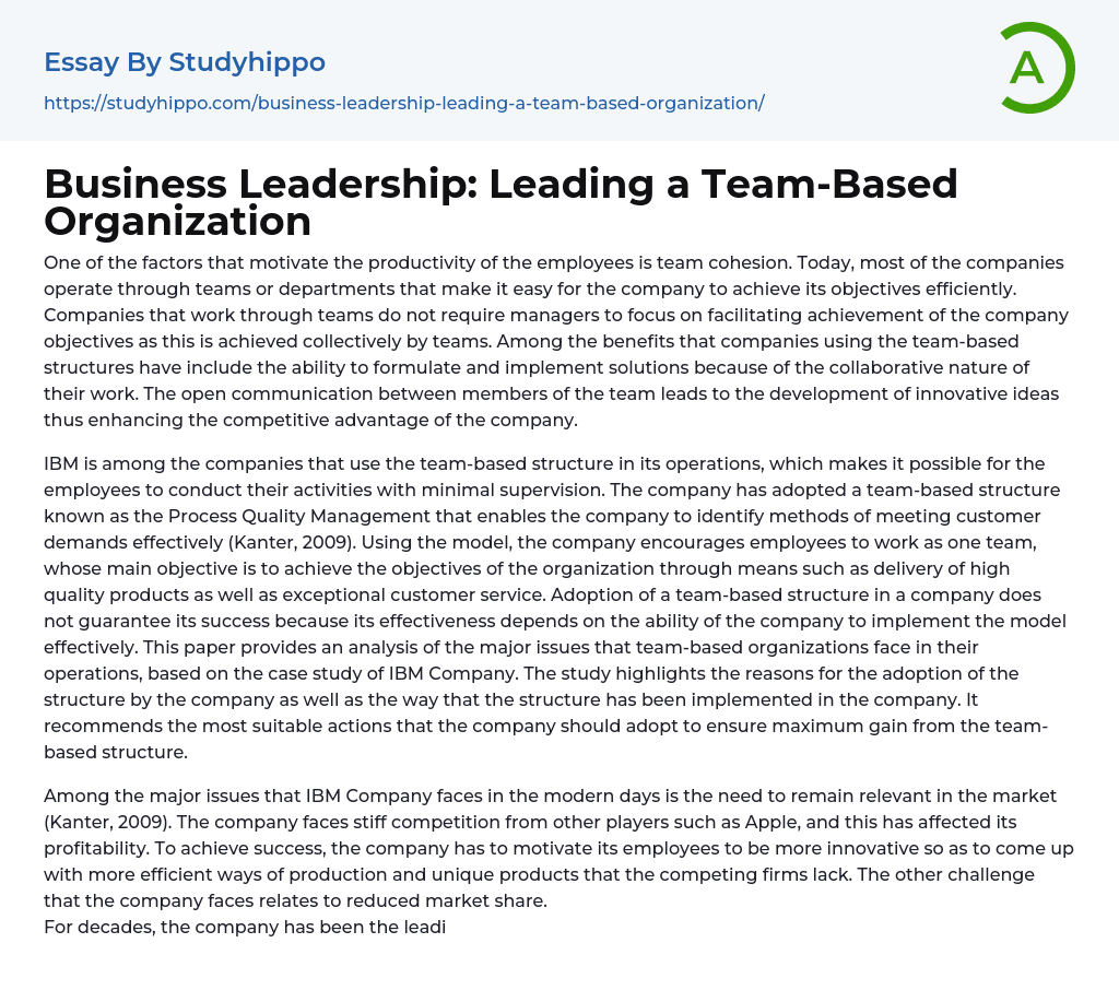 Business Leadership: Leading a Team-Based Organization Essay Example