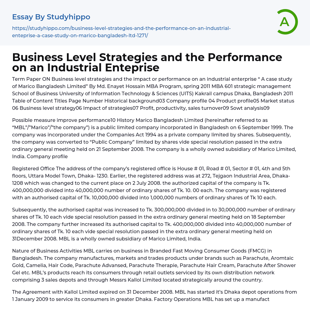 Business Level Strategies and the Performance on an Industrial Enteprise Essay Example