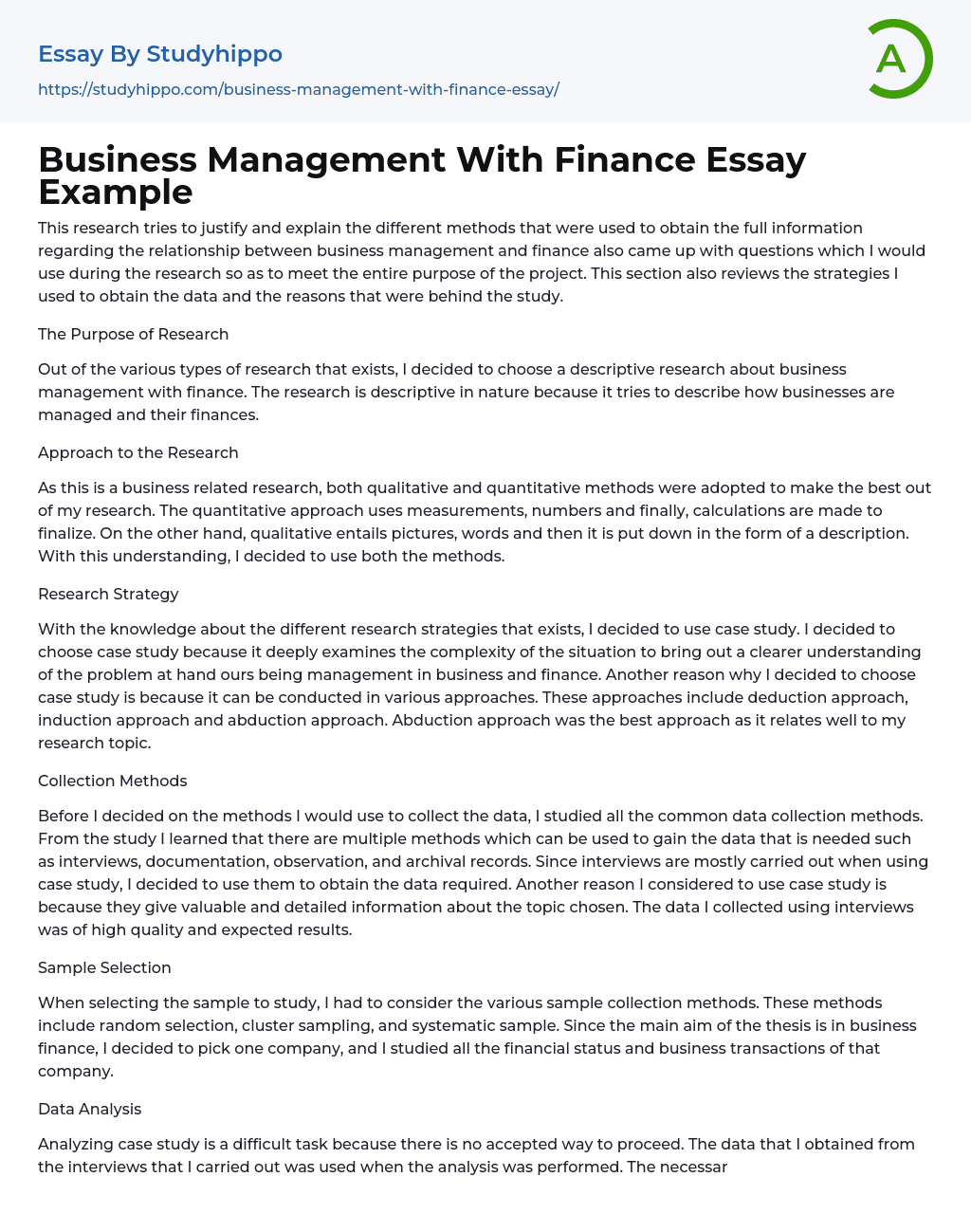 Business Management With Finance Essay Example