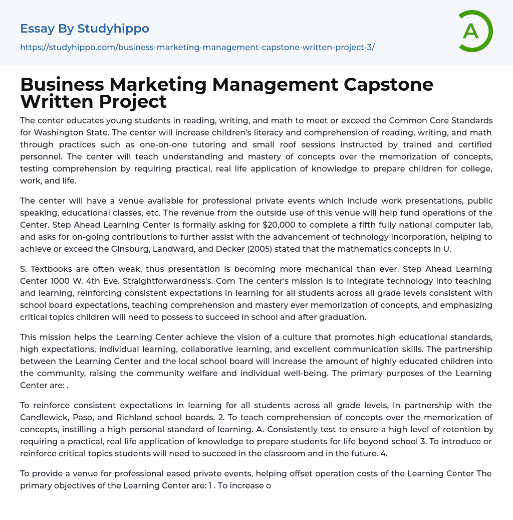 Business Marketing Management Capstone Written Project Essay Example