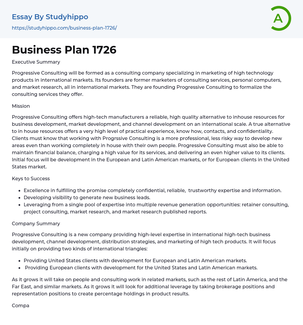 Business Plan 1726 Essay Example