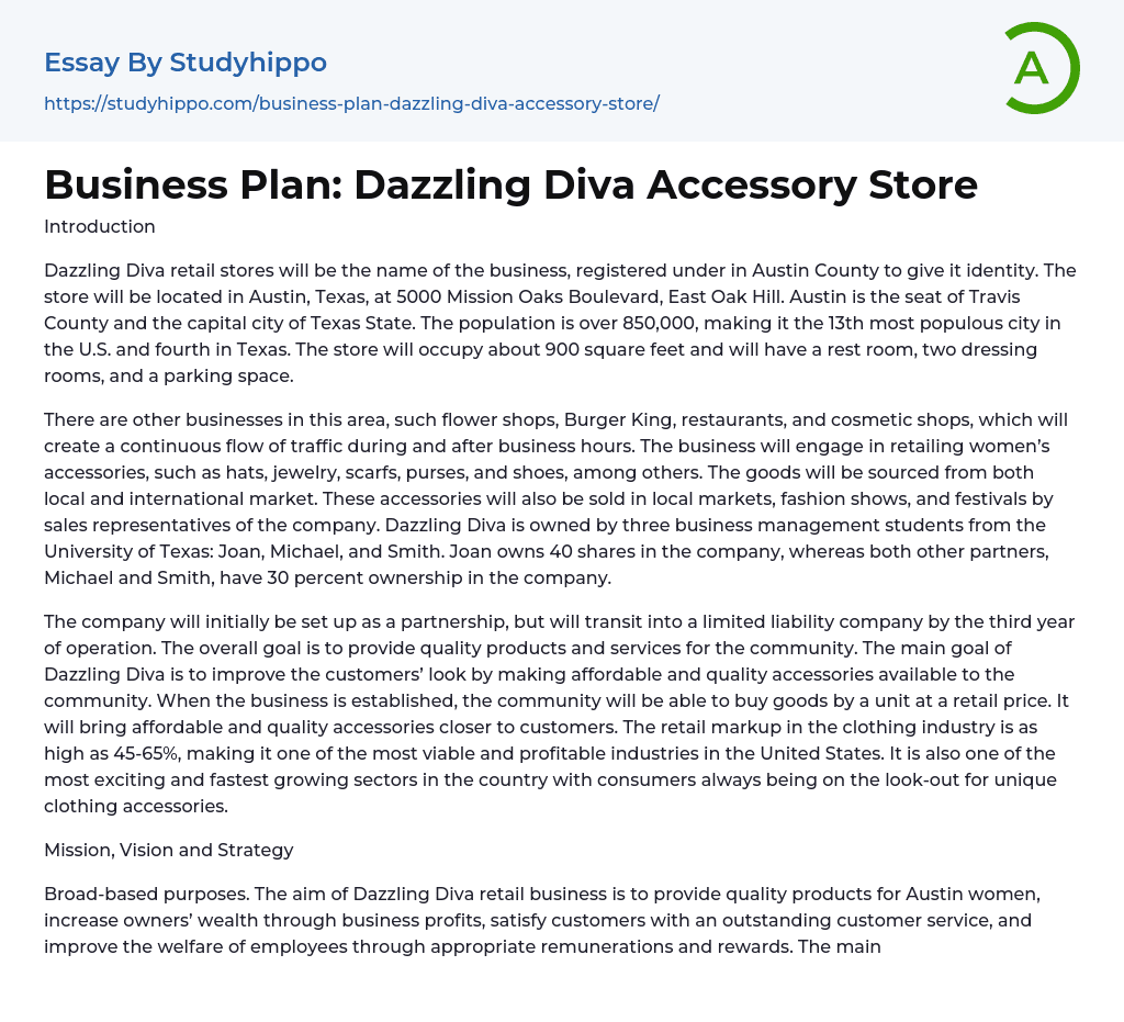 Business Plan: Dazzling Diva Accessory Store Essay Example