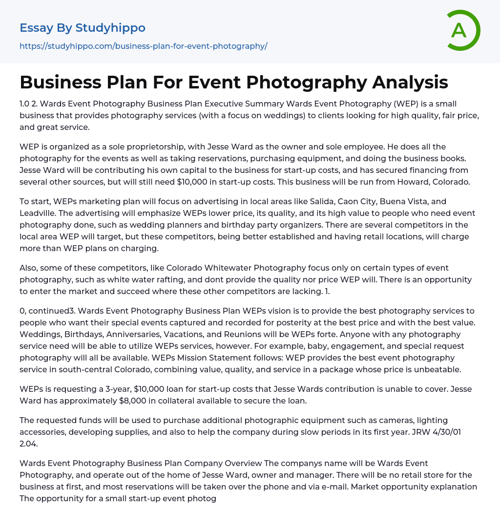 Business Plan For Event Photography Analysis Essay Example
