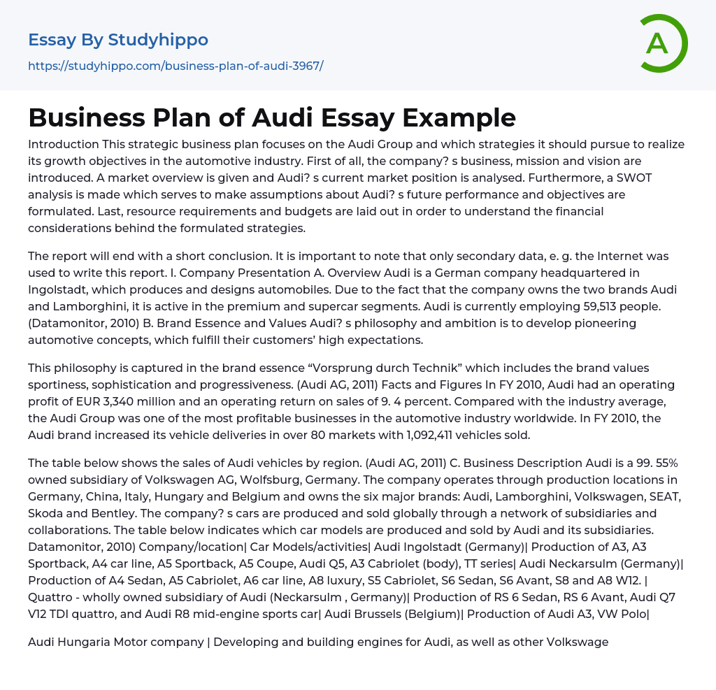 Business Plan of Audi Essay Example