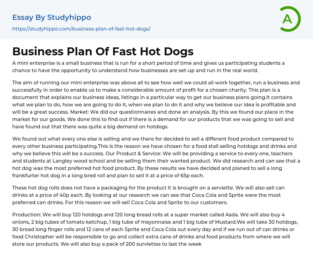 Business Plan Of Fast Hot Dogs Essay Example