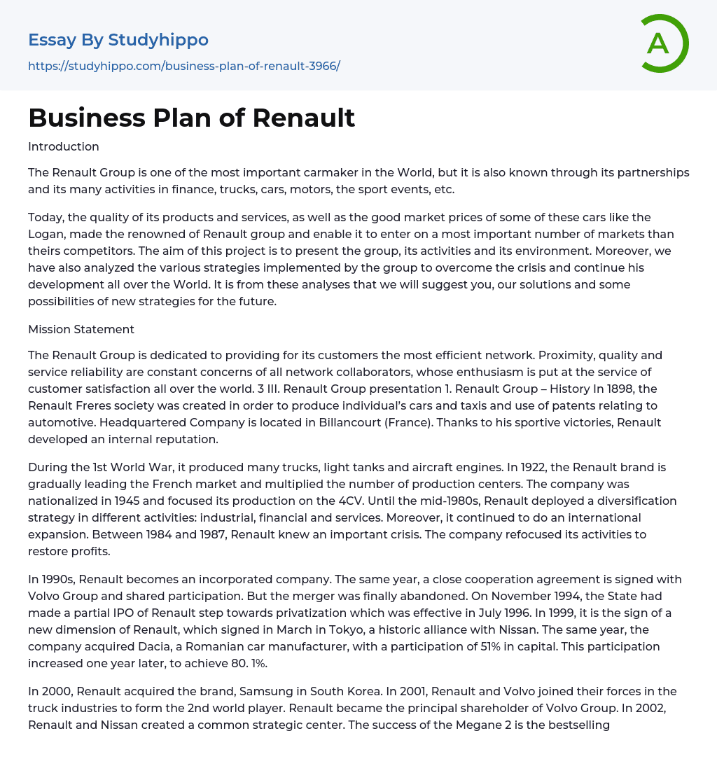 Business Plan of Renault Essay Example