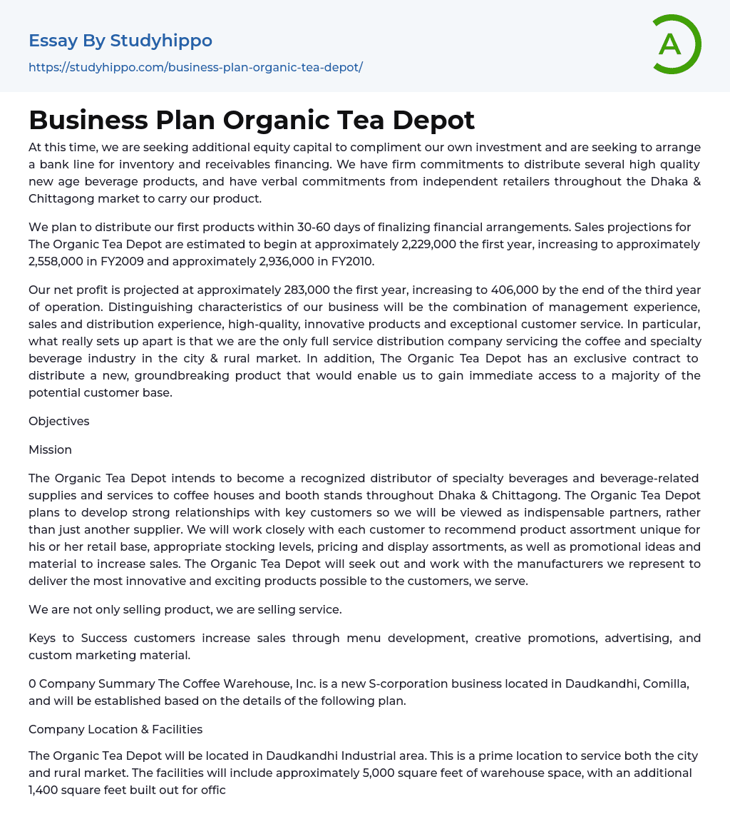 Business Plan Organic Tea Depot Essay Example