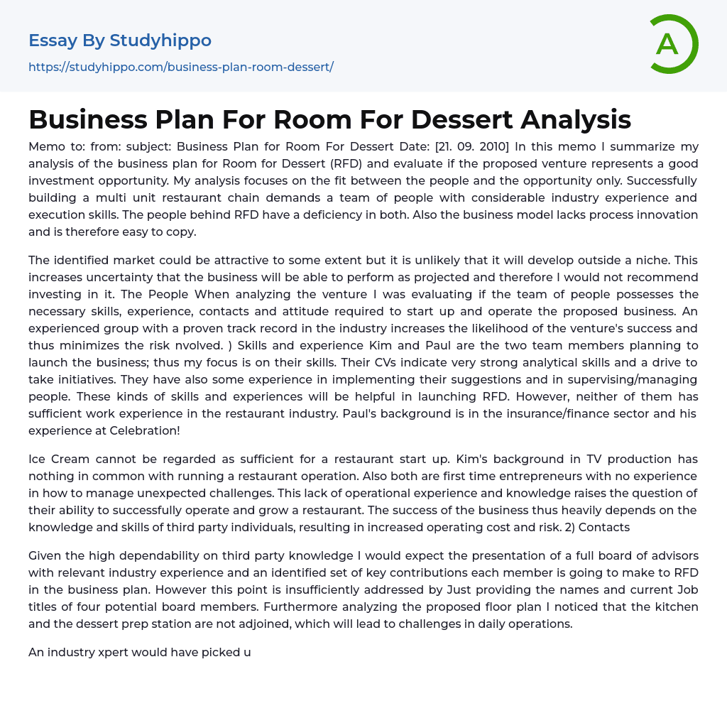 Business Plan For Room For Dessert Analysis Essay Example