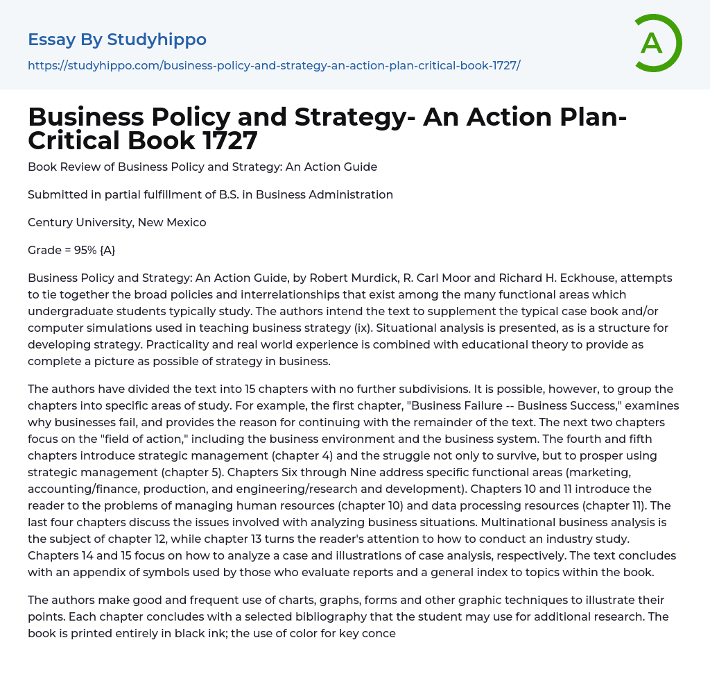 Business Policy and Strategy- An Action Plan- Critical Book 1727 Essay Example