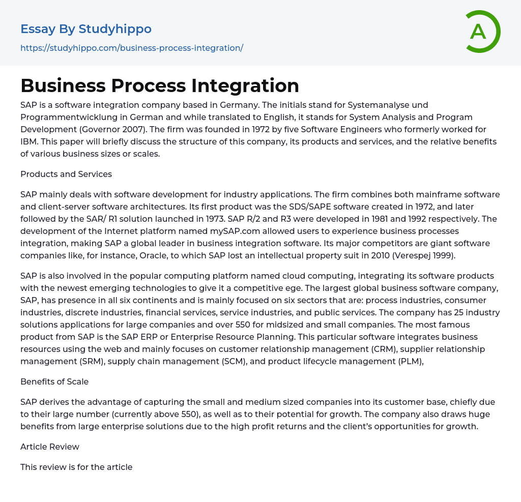 Business Process Integration Essay Example