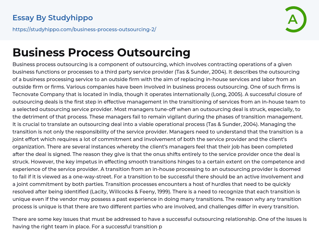 Business Process Outsourcing Essay Example