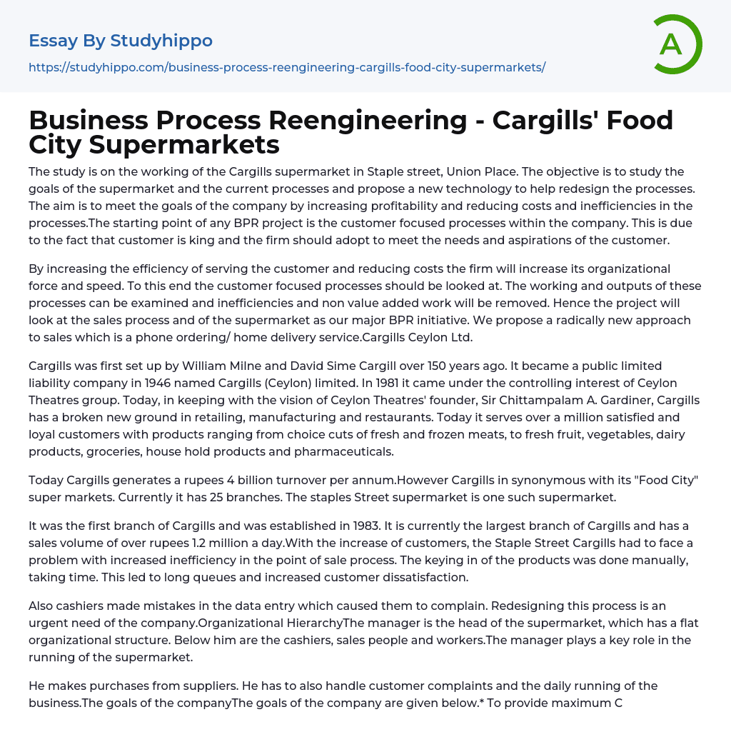 Business Process Reengineering – Cargills’ Food City Supermarkets Essay Example
