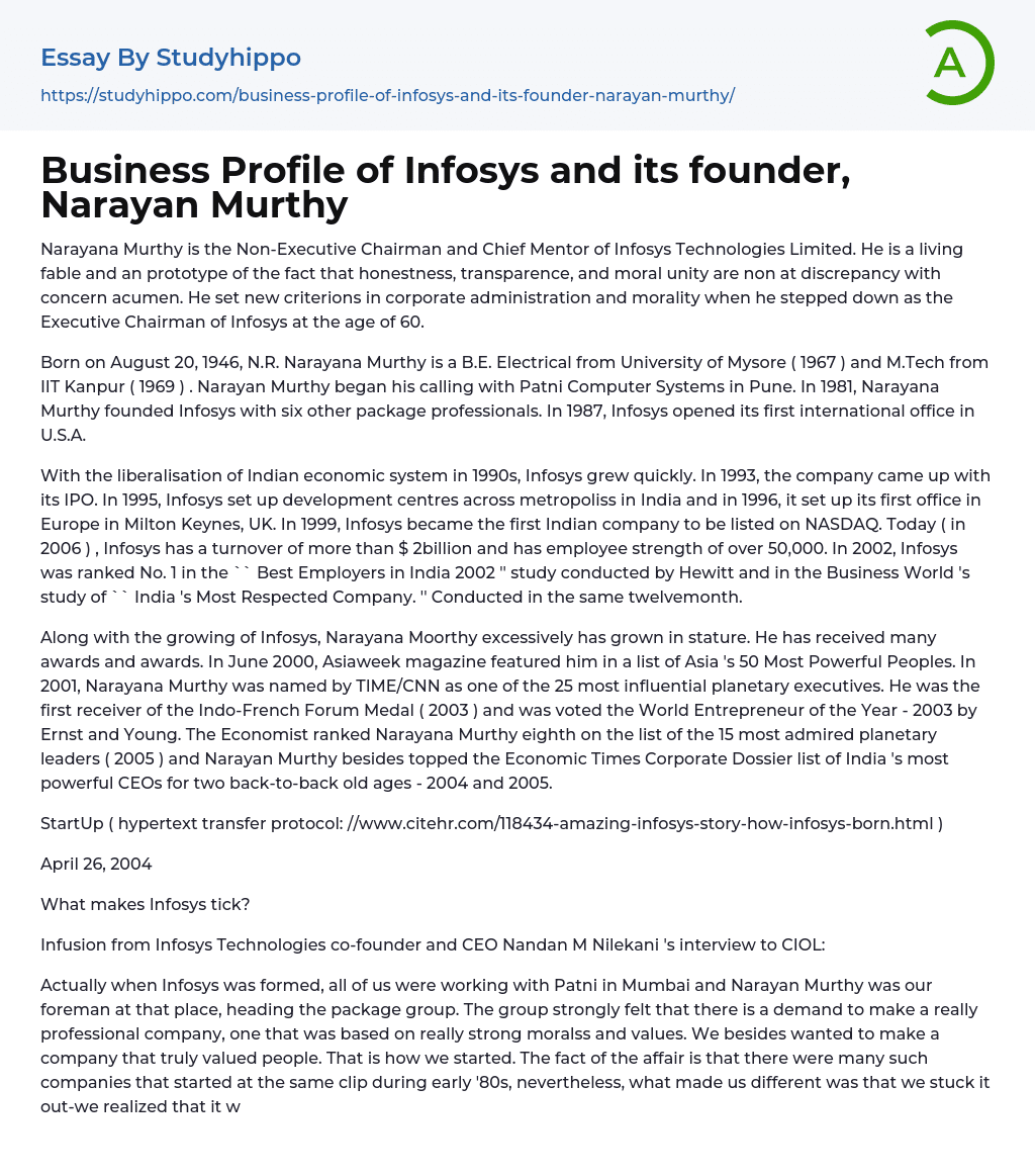 Business Profile of Infosys and its founder, Narayan Murthy Essay Example