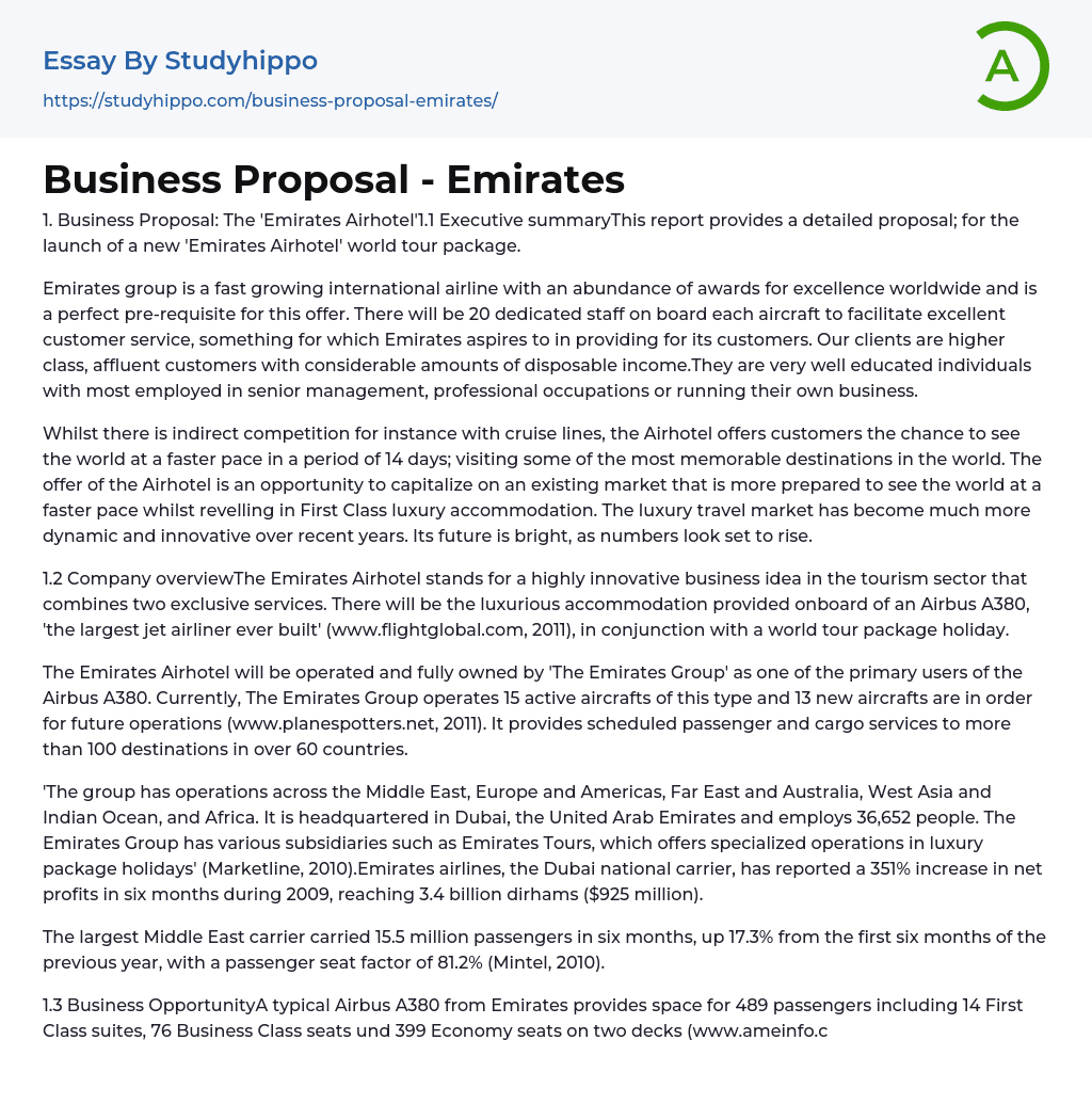 Business Proposal: The Emirates Airhotel Essay Example