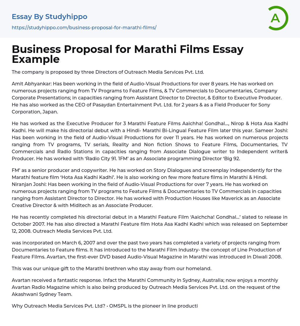 Business Proposal for Marathi Films Essay Example