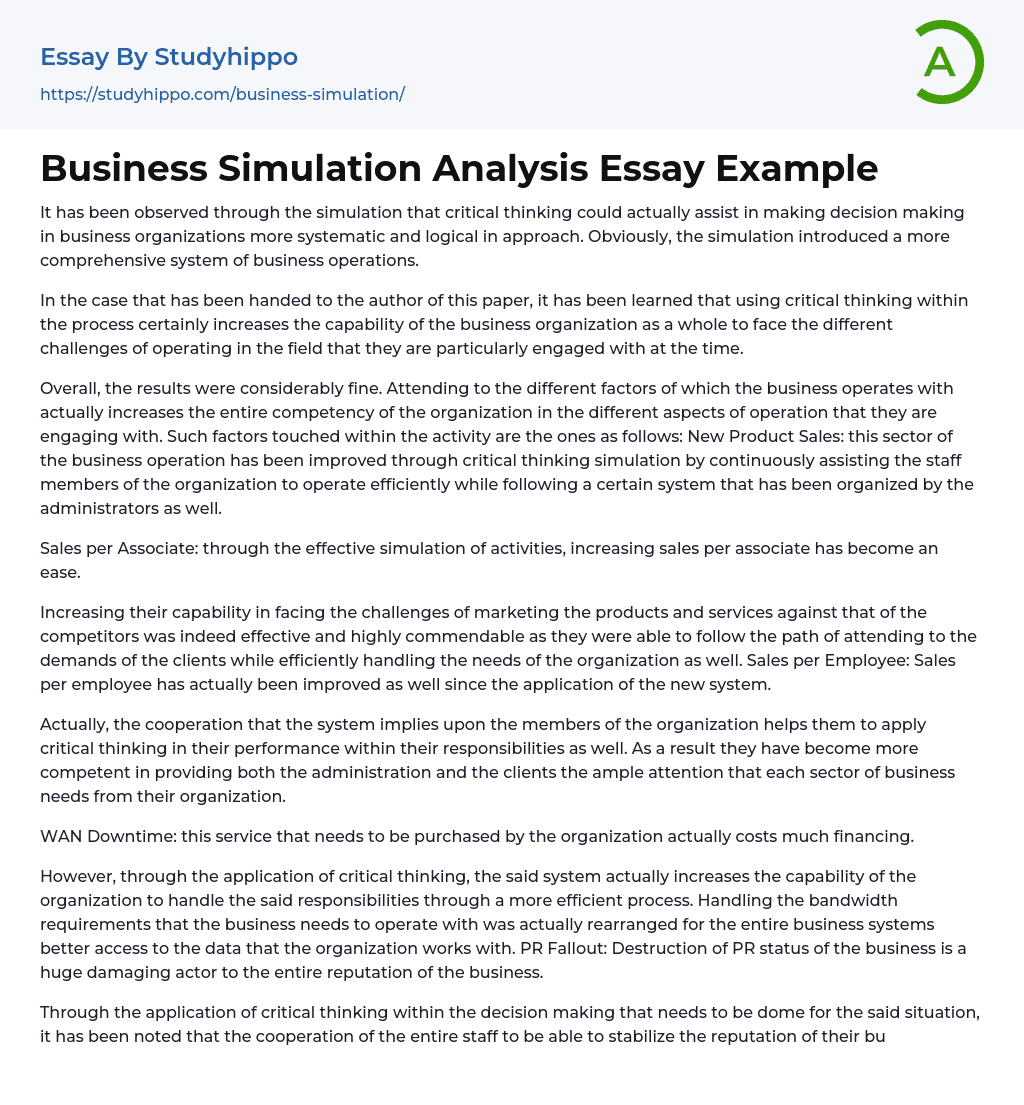 Business Simulation Analysis Essay Example