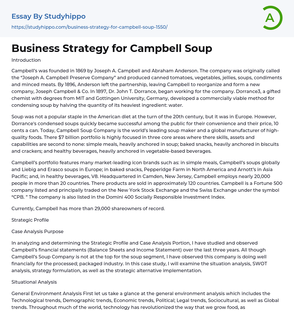 Business Strategy for Campbell Soup Essay Example