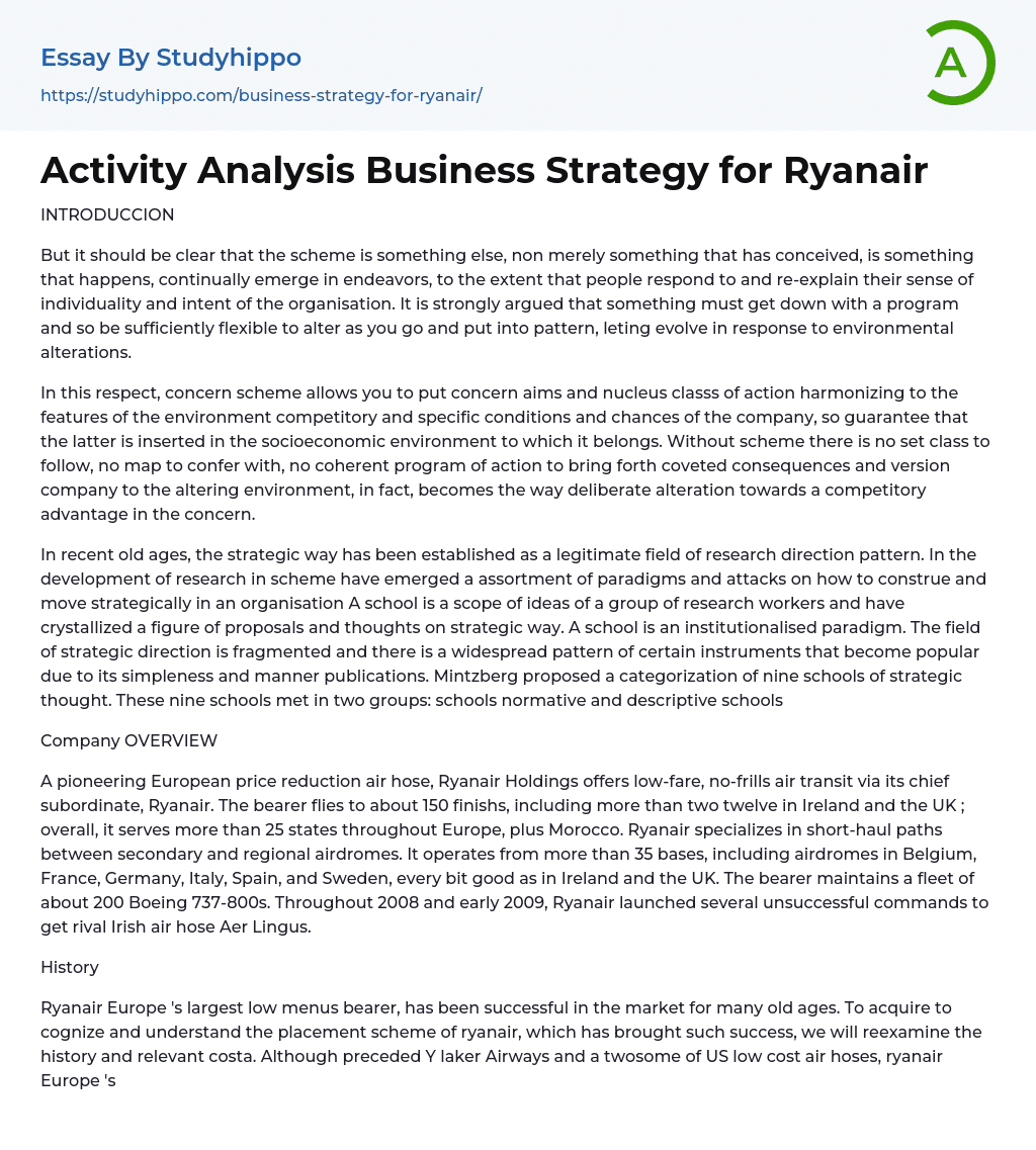 Activity Analysis Business Strategy for Ryanair Essay Example