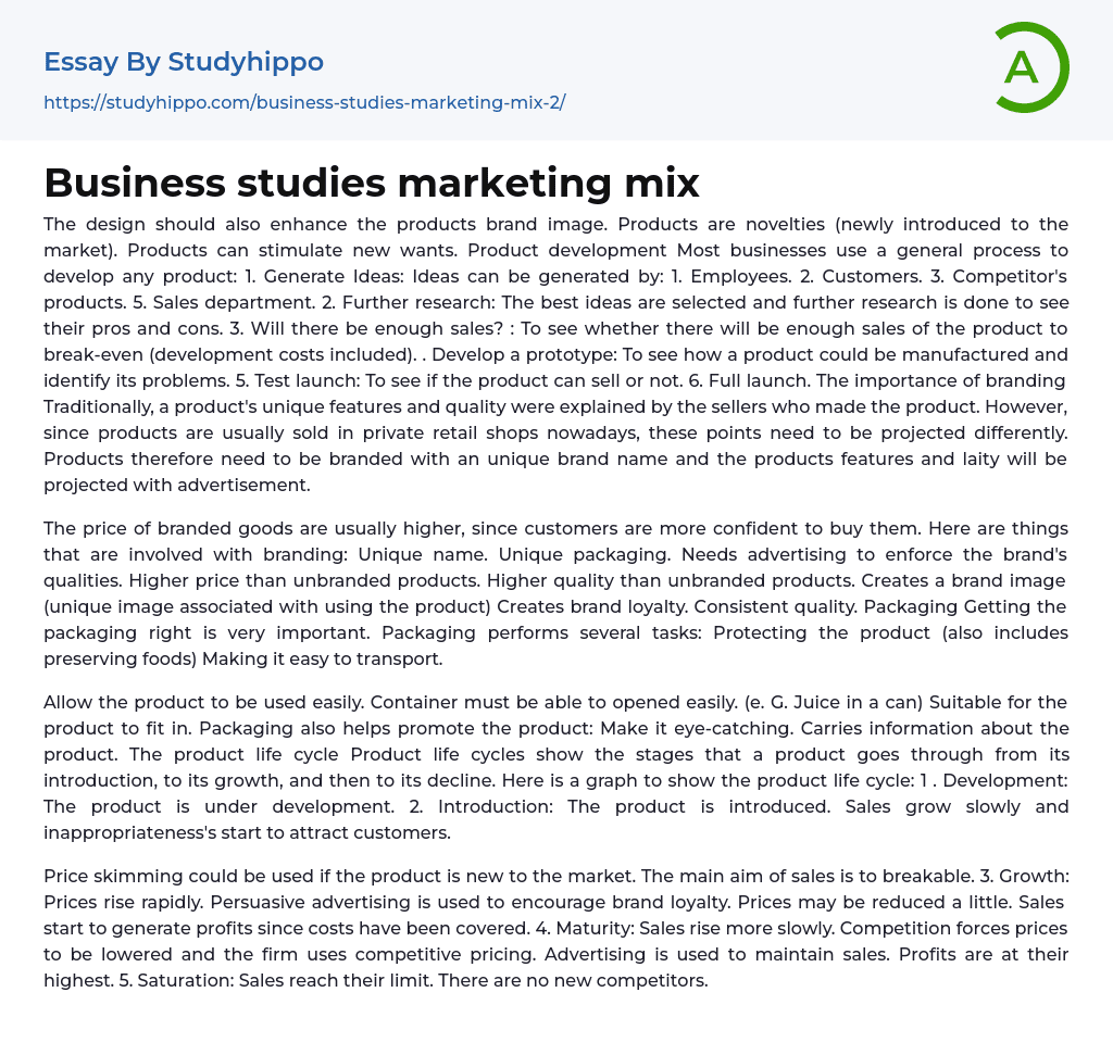 Business studies marketing mix Essay Example