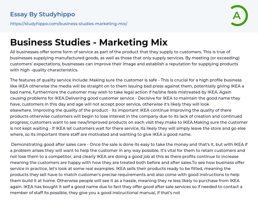 Business Studies – Marketing Mix Essay Example