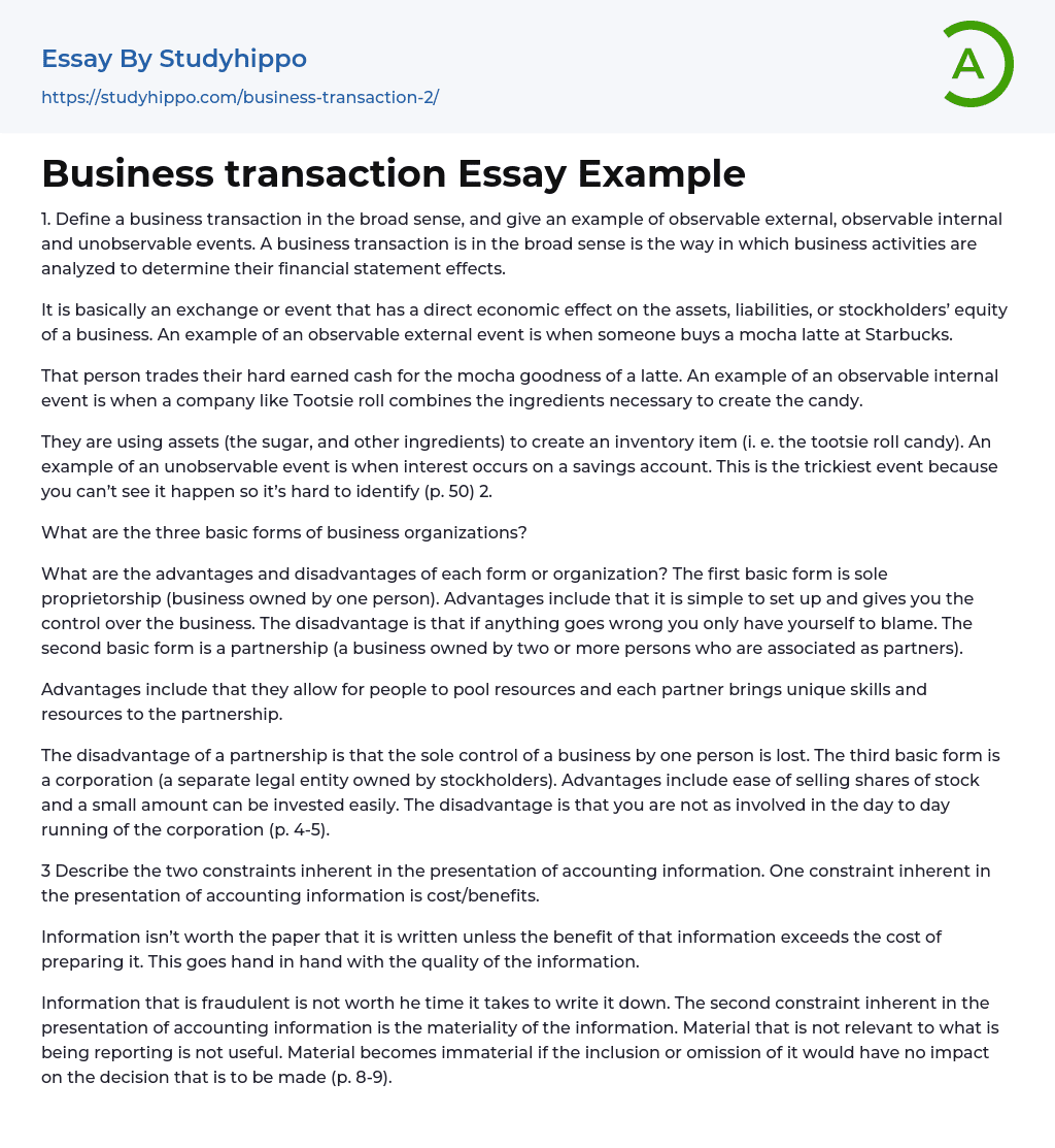 Business transaction Essay Example