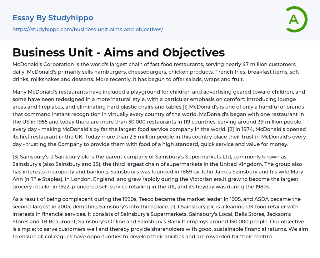 Business Unit – Aims and Objectives Essay Example