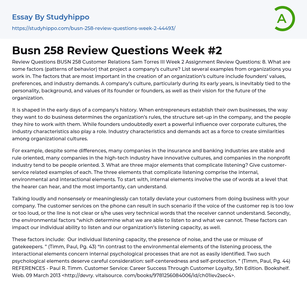 Busn 258 Review Questions Week #2 Essay Example