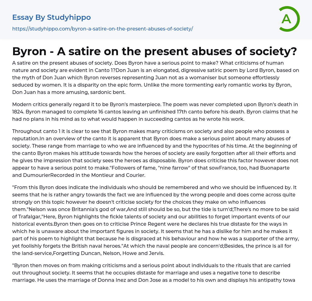 Byron – A satire on the present abuses of society? Essay Example