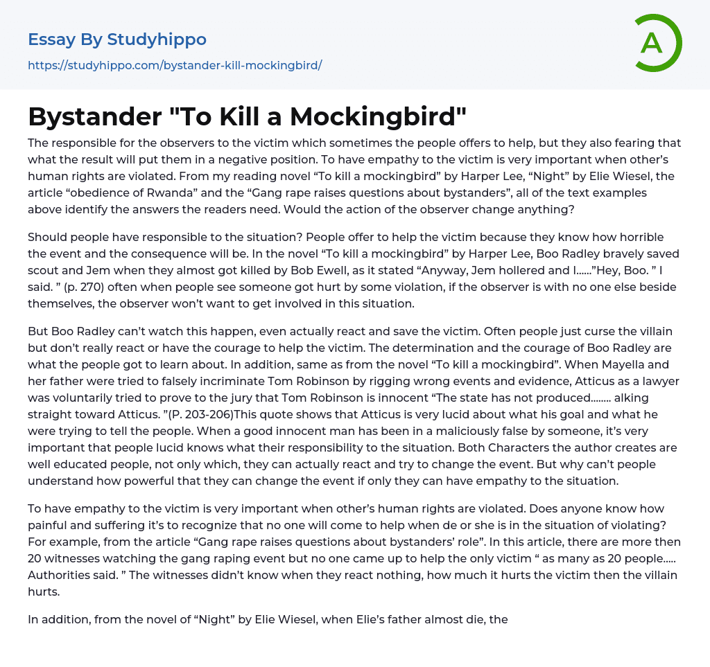 Bystander “To Kill a Mockingbird” Essay Example