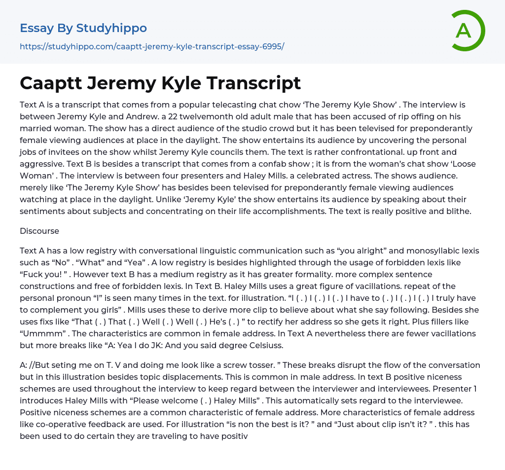 Caaptt Jeremy Kyle Transcript Essay Example