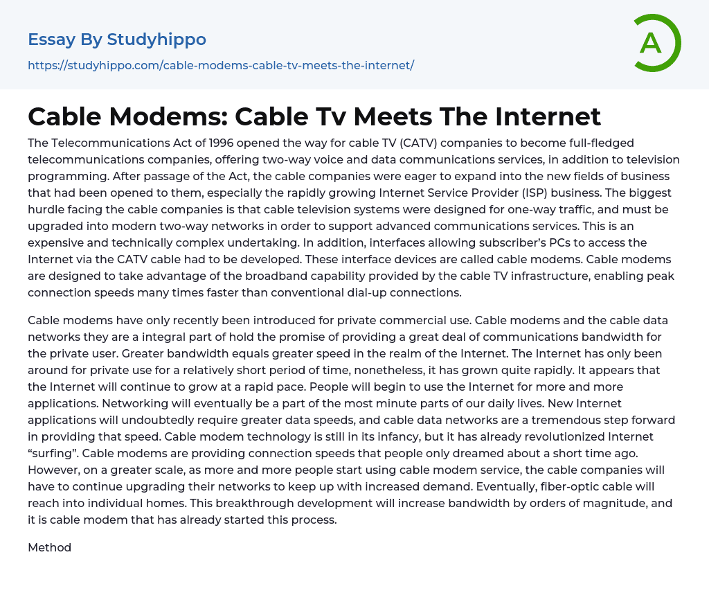 Cable Modems: Cable Tv Meets The Internet Essay Example