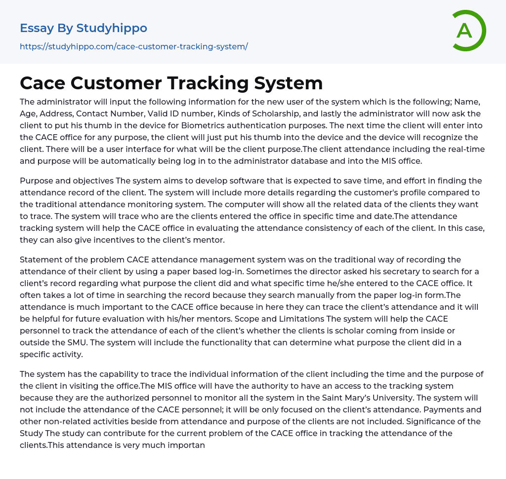 Cace Customer Tracking System Essay Example