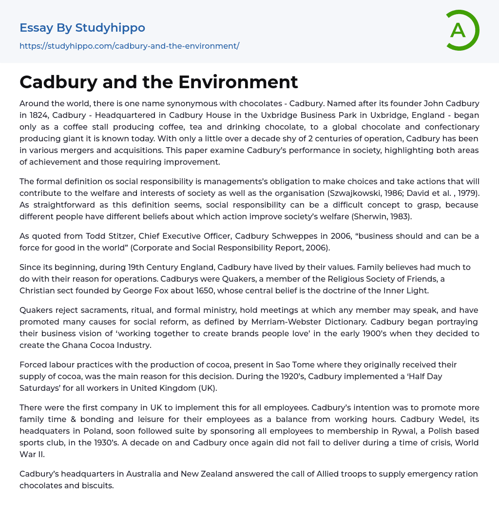 Cadbury and the Environment Essay Example